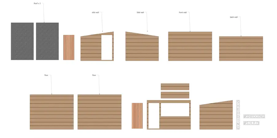 Diagram showing labelled elevations and roof views of a simple wooden shed, including side, front, back walls, floors, roof panels, and door placement.