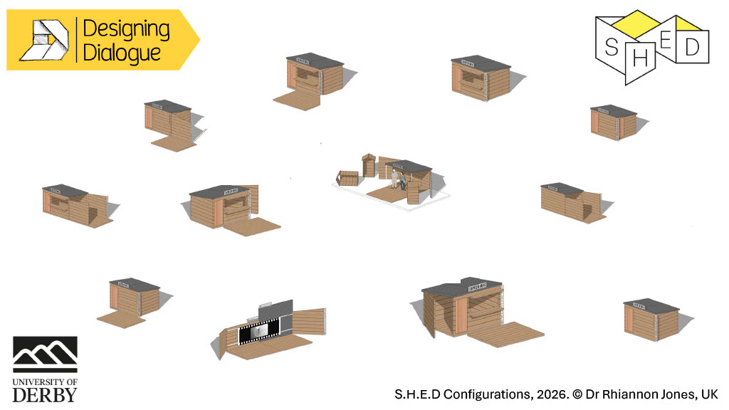 A diagram showing multiple configurations of a small modular wooden structure labelled SHED, with ramps, seating, and open areas. Logos for Designing Dialogue and University of Derby appear in the corners.